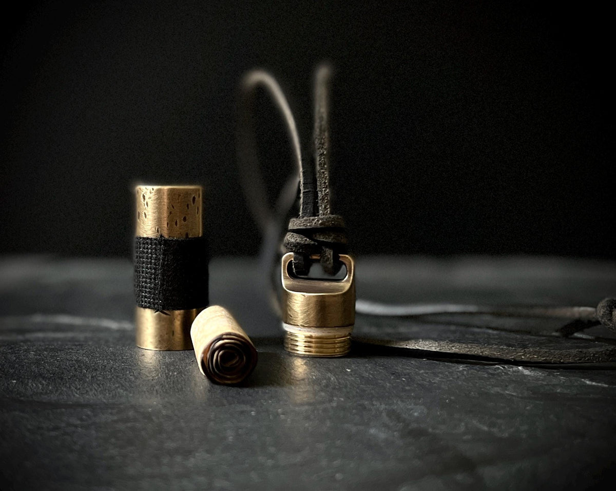 Rustic Brass Pill Vial Necklace: Distressed Capsule Stash Pendant, Leather Cord