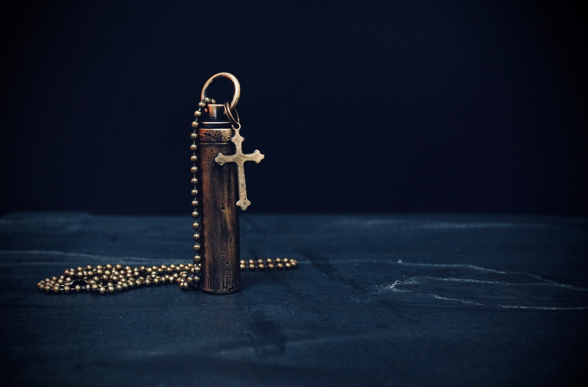 Brass Capsule Pendant: Distressed Vial Necklace with Cross Charm