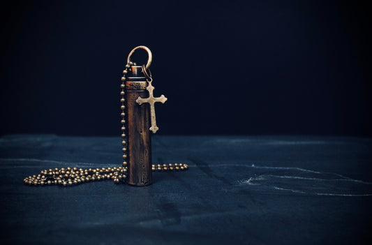Brass Capsule Pendant: Distressed Vial Necklace with Cross Charm