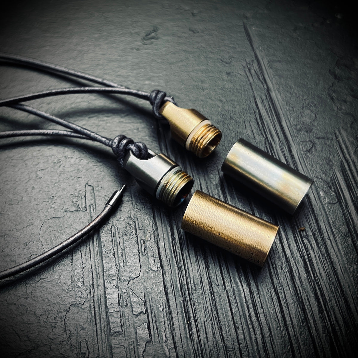 Two-Tone Brass & Stainless Steel Keepsake Necklace: Matching Pair of Stash Capsule Pendants / Couples / Friends