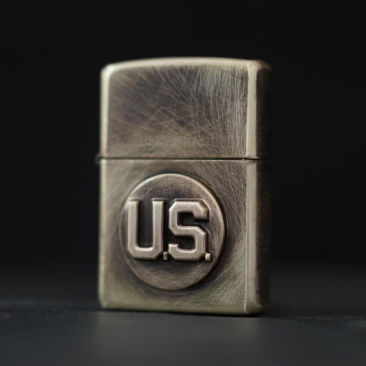 Customised Distressed & Oxidised Vintage Patina Style Solid Aged Brass Metal Zippo Lighter with U.S. Army Badge Emblem / EDC