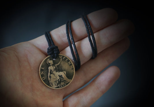 Victorian Penny Coin Necklace: Distressed Copper Pendant, Adjustable Cord