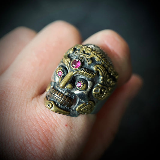 Sterling Silver Tibetan Skull Ring: Handmade Garnet Gemstone Eyes