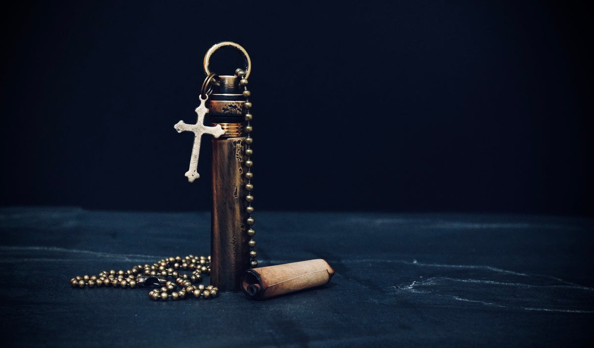 Brass Capsule Pendant: Distressed Vial Necklace with Cross Charm