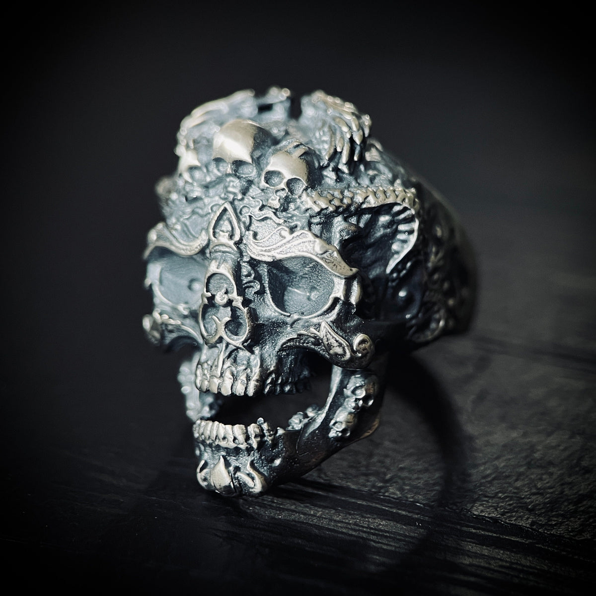 Distressed 925 Solid Sterling Silver Chunky Highly Detailed Ornate Handmade Carved Dragon Skull Ring