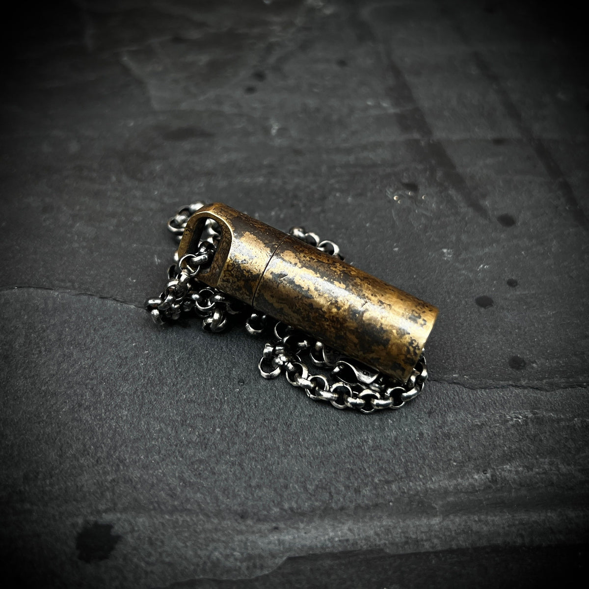 Distressed Brass Mini Shotgun Shell Stash Capsule Pendant & Sterling Silver Chain