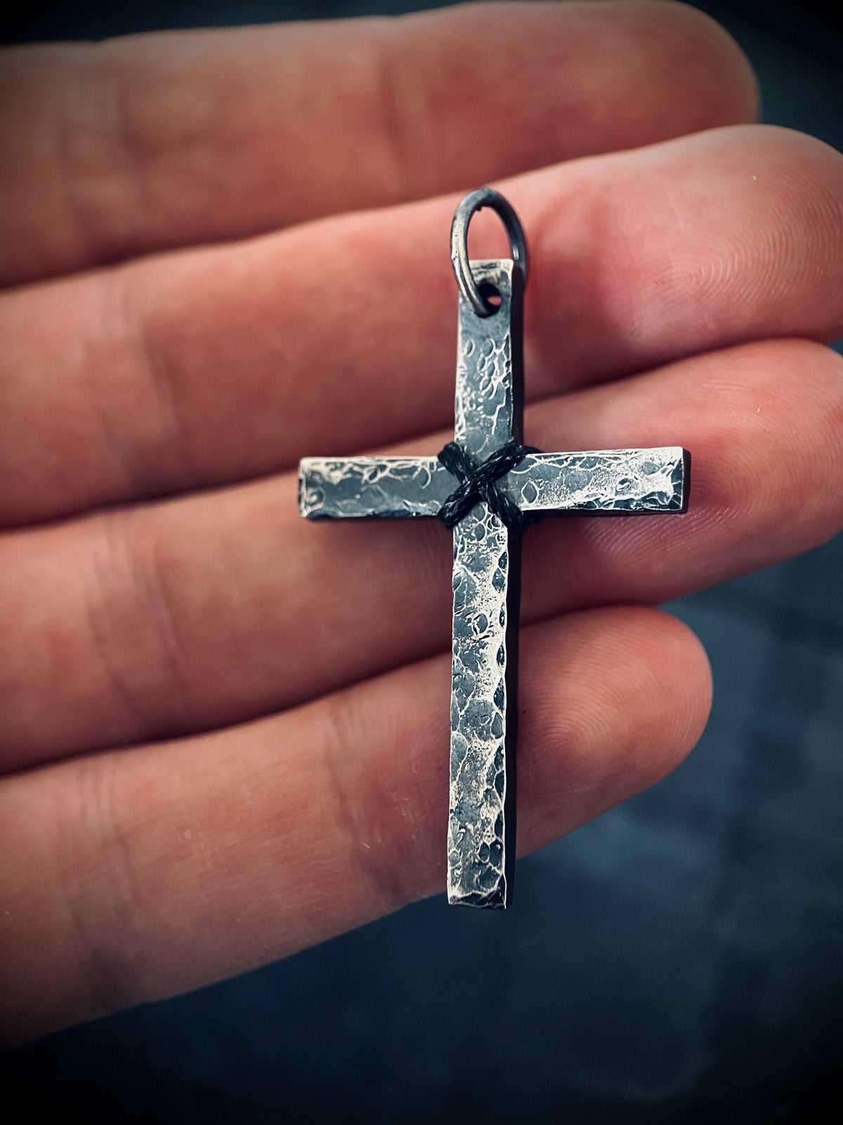 Rustic Hammered Textured 925 Sterling Silver Cross Crucifix Pendant: Distressed Oxidised Finish