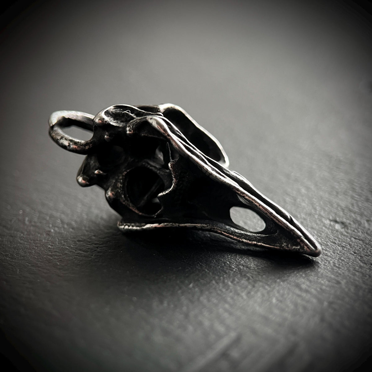 Oxidised Blackened Stainless Steel Crow Skull Amulet Ornate Pendant
