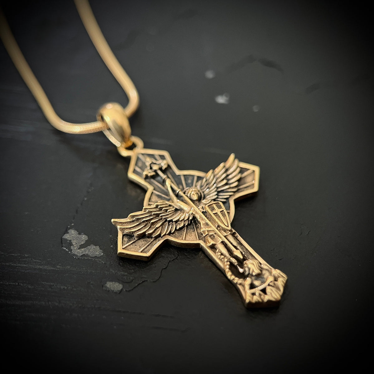 Archangel - 24ct Gold Handmade Saint Michael "Protect Us" Pendant & Matching Snake chain Necklace with Presentation Gift Box