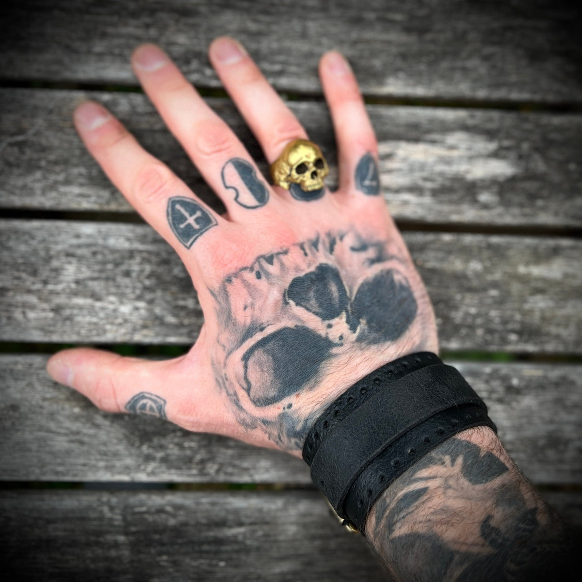 Artisan Handmade Road Rash Black Worn Out Distressed Relic Leather Wristband Cuff Bracelet Accessory with Oxidised Solid Brass Buckle Strap