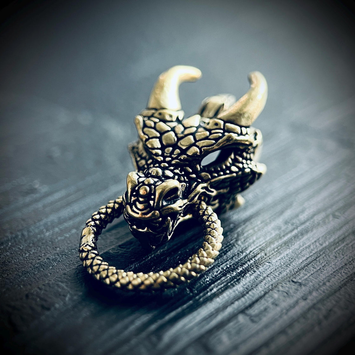 Oxidised Brass Dragon Head Charm Amulet Pendant – Rustic Black & Gold Finish