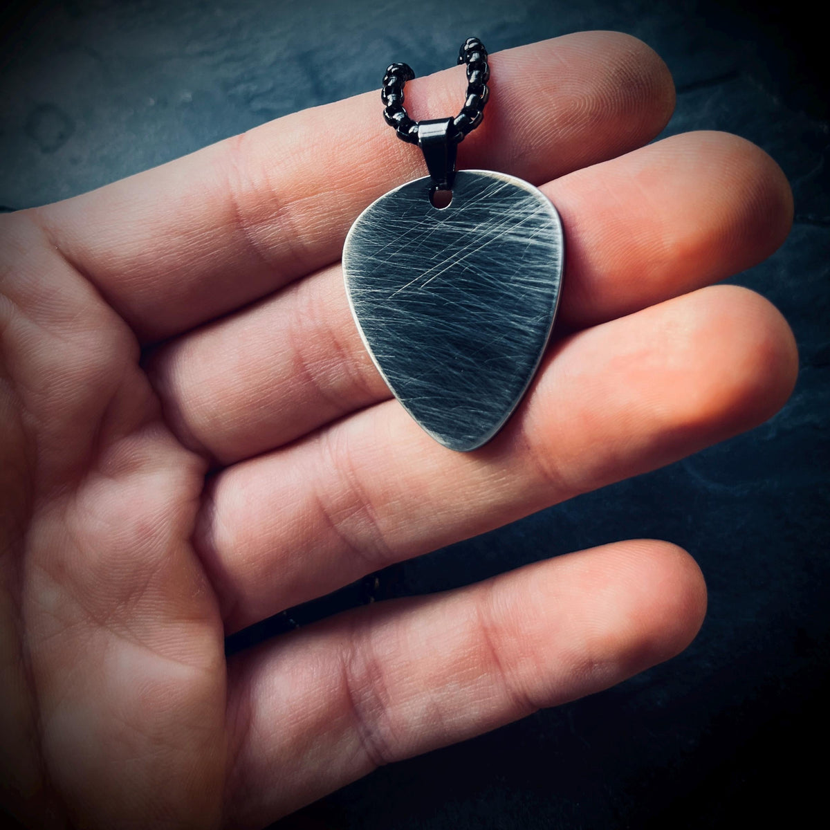 Minimalist Simple Brushed Stainless Steel Matte Black & Silver Guitar Pick Pendant with Matching Ball Chain Necklace / Guitarist / Musician