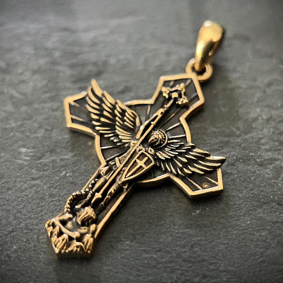 Archangel - 24ct Gold Plated Handmade Saint Michael "Protect Us" Crucifix Shield Pendant with Presentation Gift Box