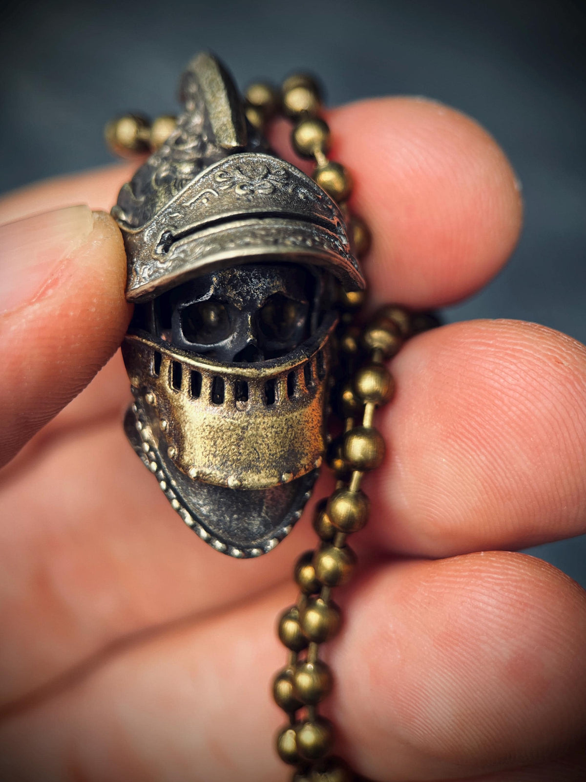 Ornate Highly Detailed Carved Distressed Aged White Brass Templar Knight Helmet Skull Pendant Necklace