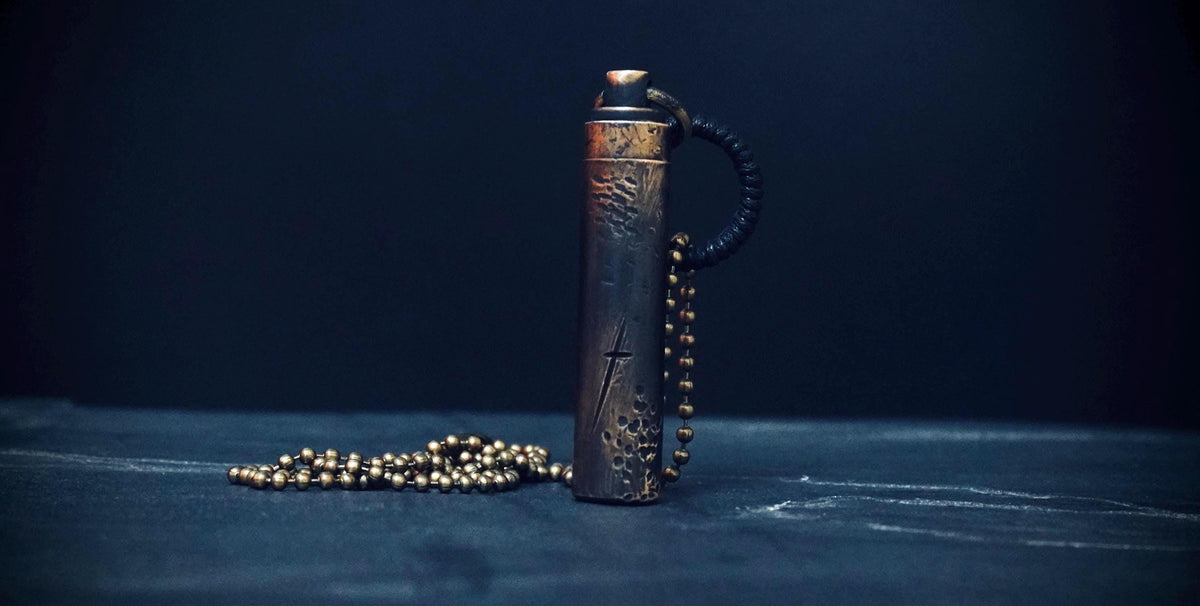 Rustic Etched Distressed Brass Stash Capsule Pendant Necklace - Secret Scroll Vial