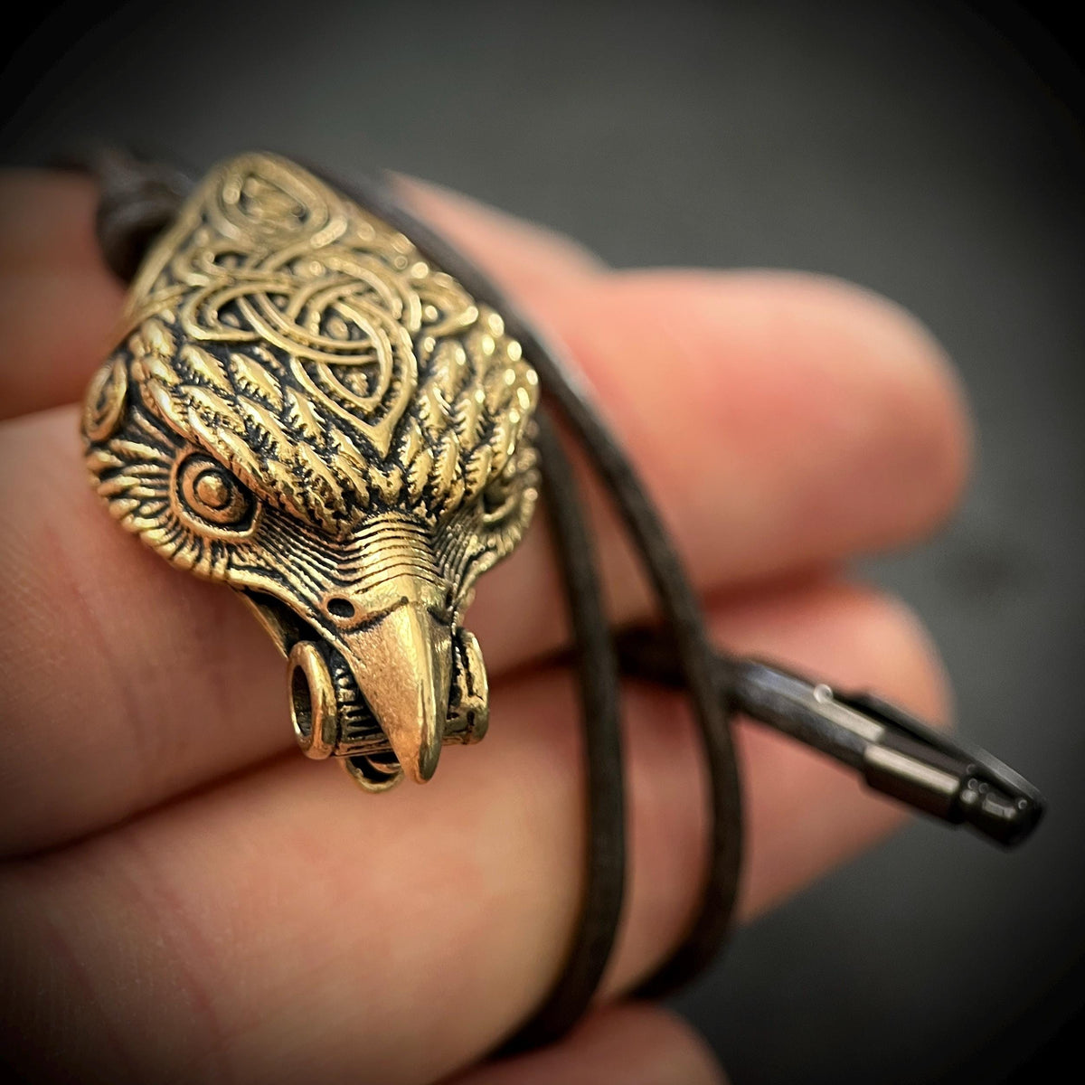 Rustic Brass Celtic Golden Eagle Bird Head Pendant & Black Distressed Leather Cord Necklace