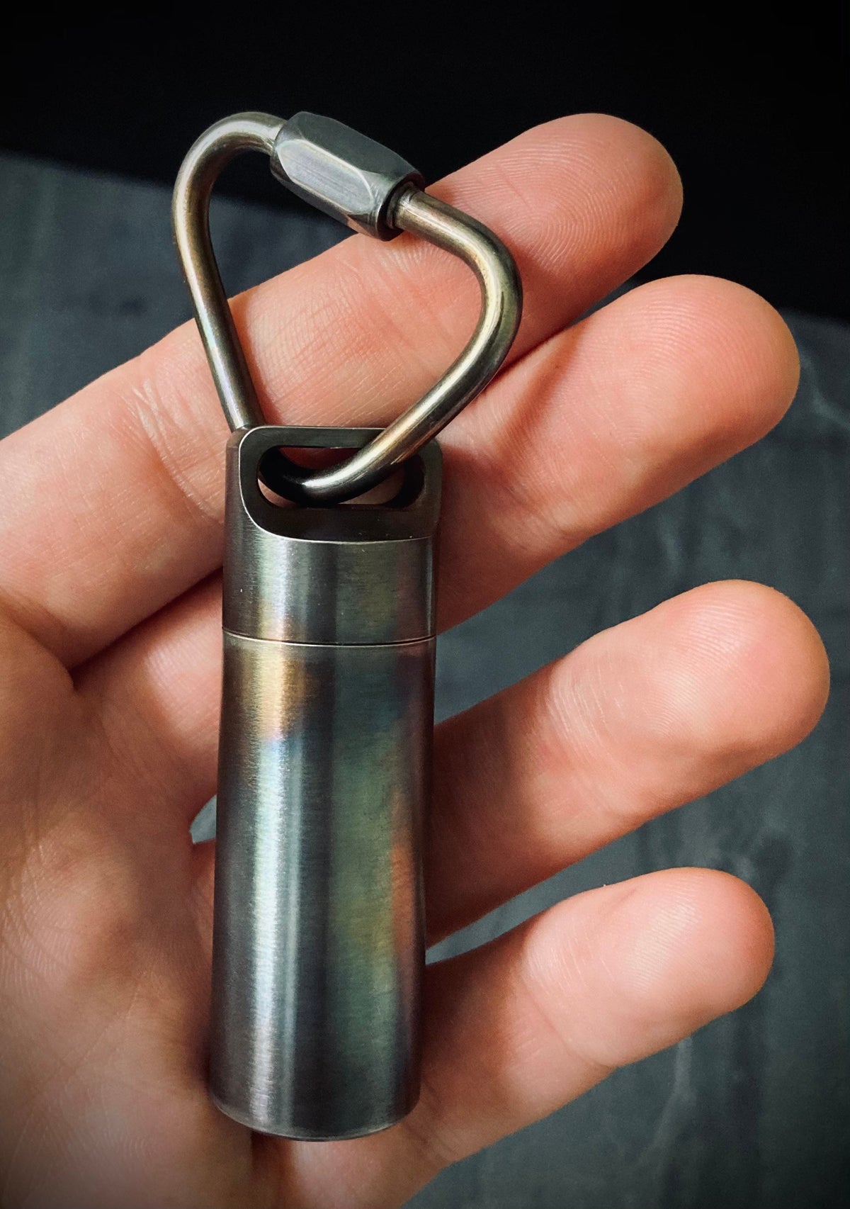 Rainbow Pearlescent Distressed Stainless Steel Waterproof Pill Bottle Capsule Keychain / Carabiner / Survival EDC / Container / Pocket / SOS
