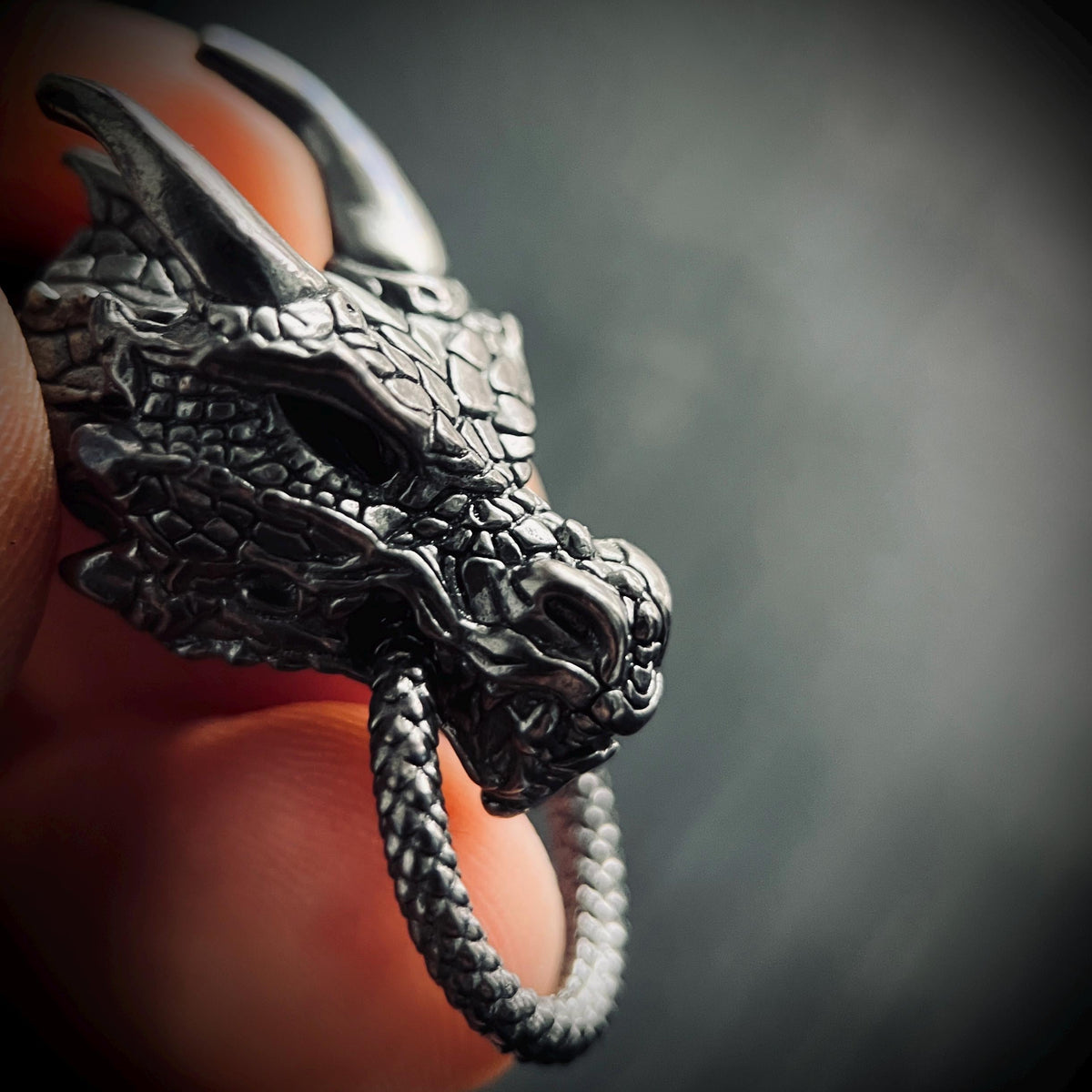 Black Oxidised Blackened Dark Steel Ornate Dragon Amulet Pendant