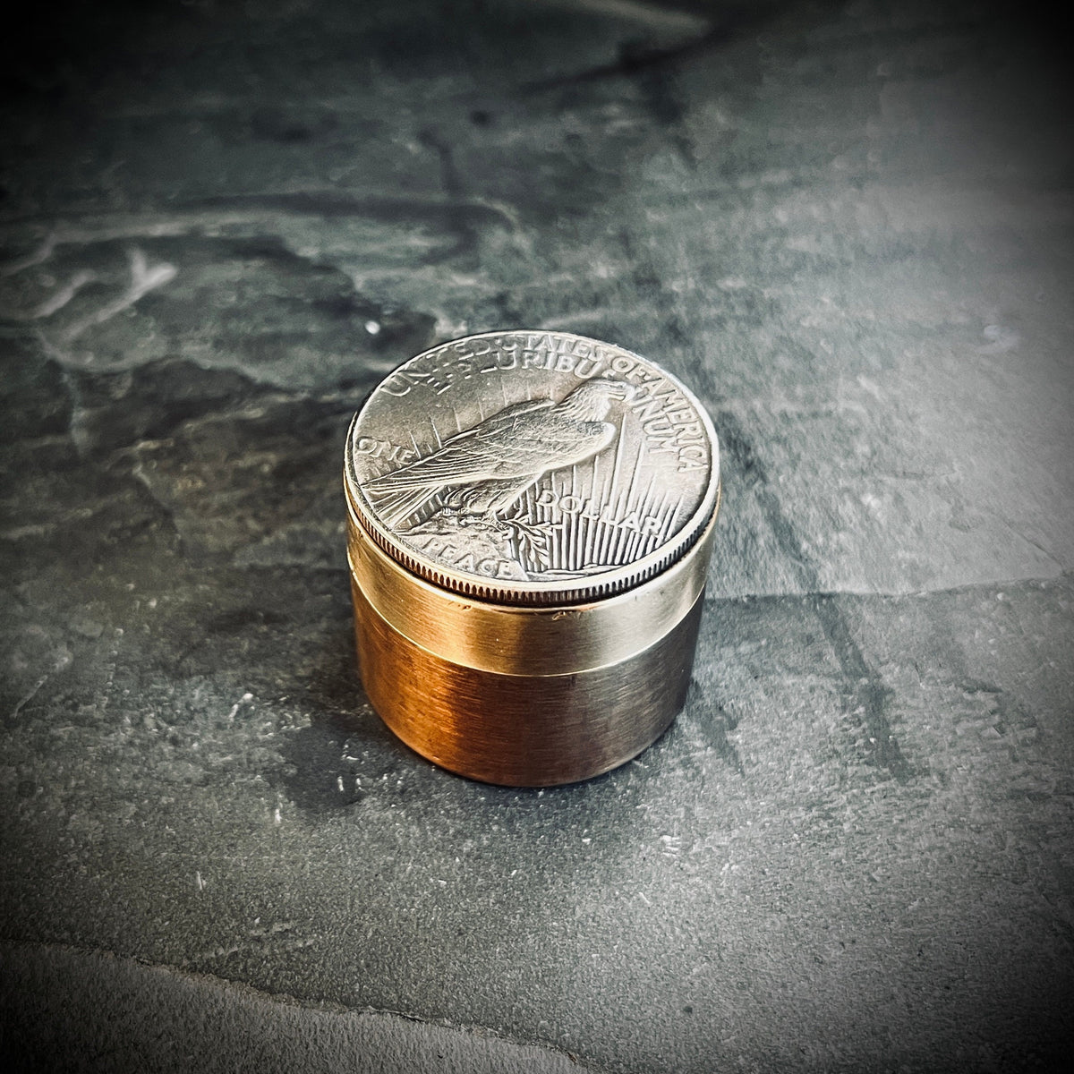 Handmade Silver Peace Dollar Bald Eagle Hobo Coin Vintage Brass Pill Bottle Stash Capsule Container / Survival EDC / Medicine / Snuff Box
