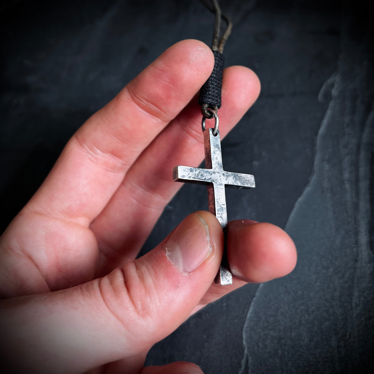 Brutalist Rustic Style 925 Sterling Silver Cross/Crucifix Pendant with Leather Cord Necklace