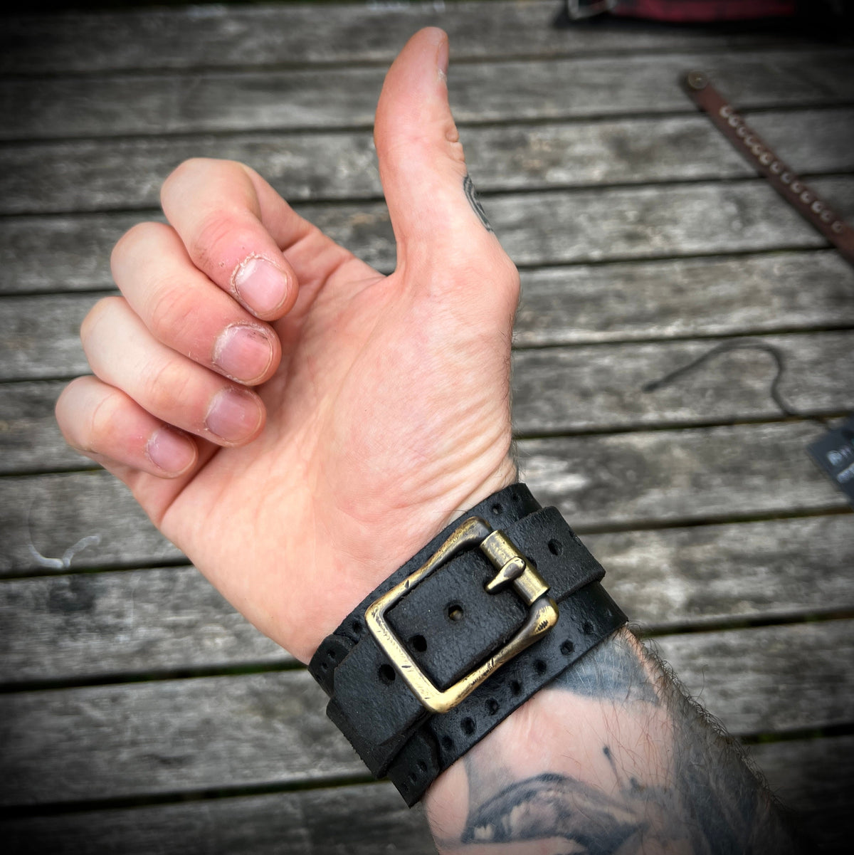 Artisan Handmade Road Rash Black Worn Out Distressed Relic Leather Wristband Cuff Bracelet Accessory with Oxidised Solid Brass Buckle Strap