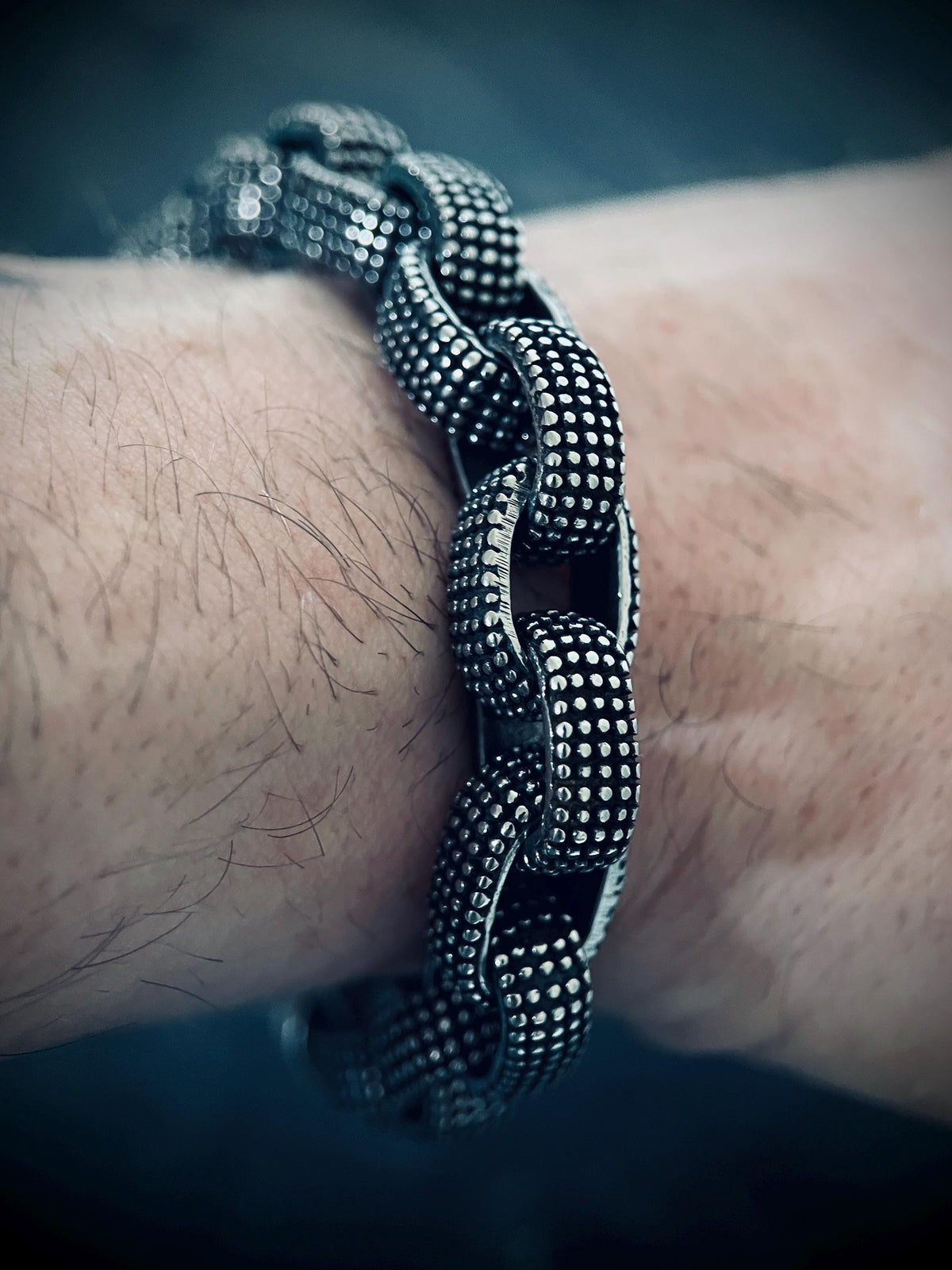 Oxidized Stainless Steel Chunky Chain Bracelet: Embossed Dot Link, Rustic Mens Jewelry