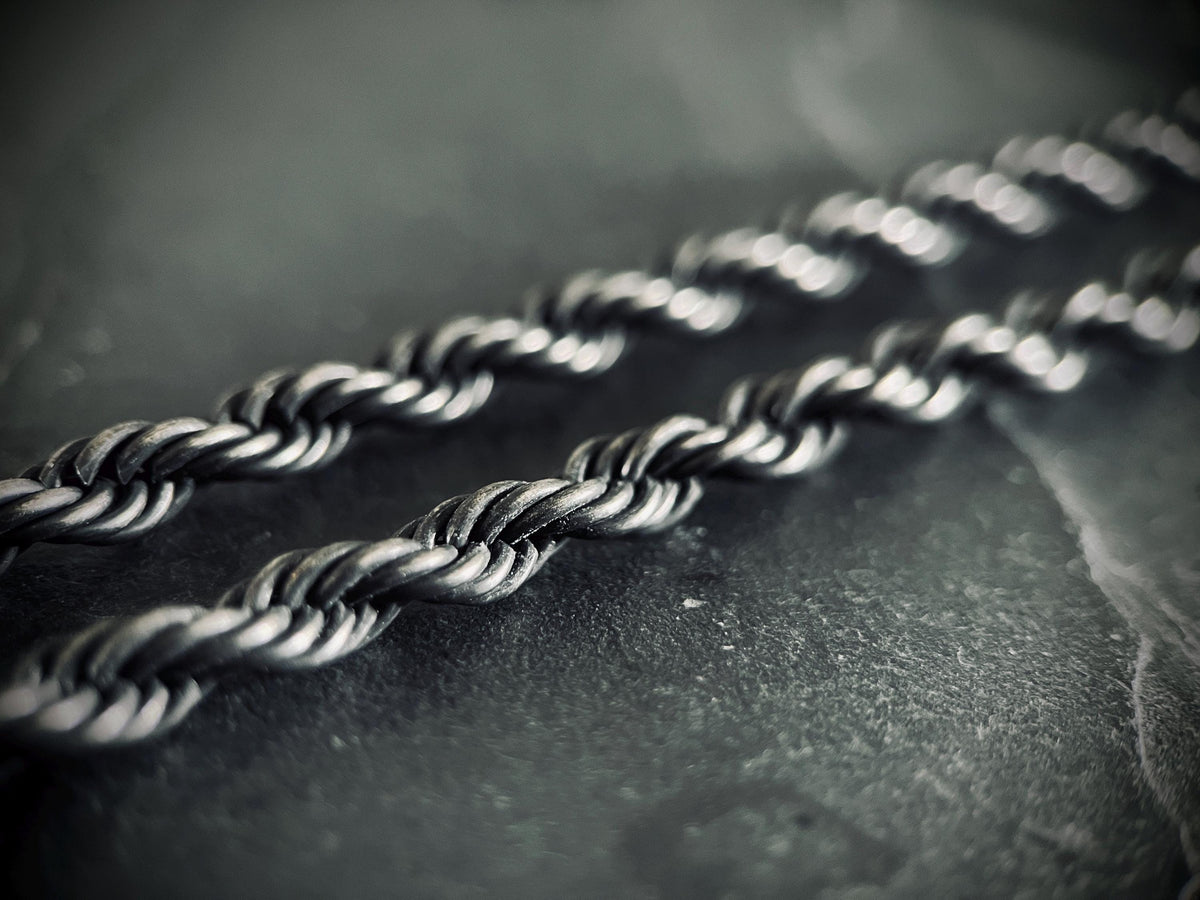 Rustic Chunky Heavy Oxidised Stainless Steel Twisted Rope Chain Necklace - Mens Minimalist Style - 24" Inches