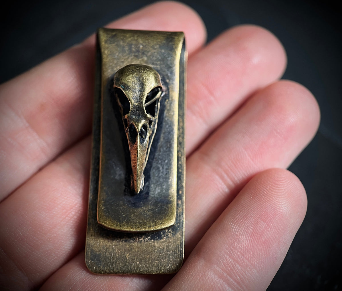 Vintage Distressed Style Solid Brass Crow Bird Skull Money Clip Holder / Wallet