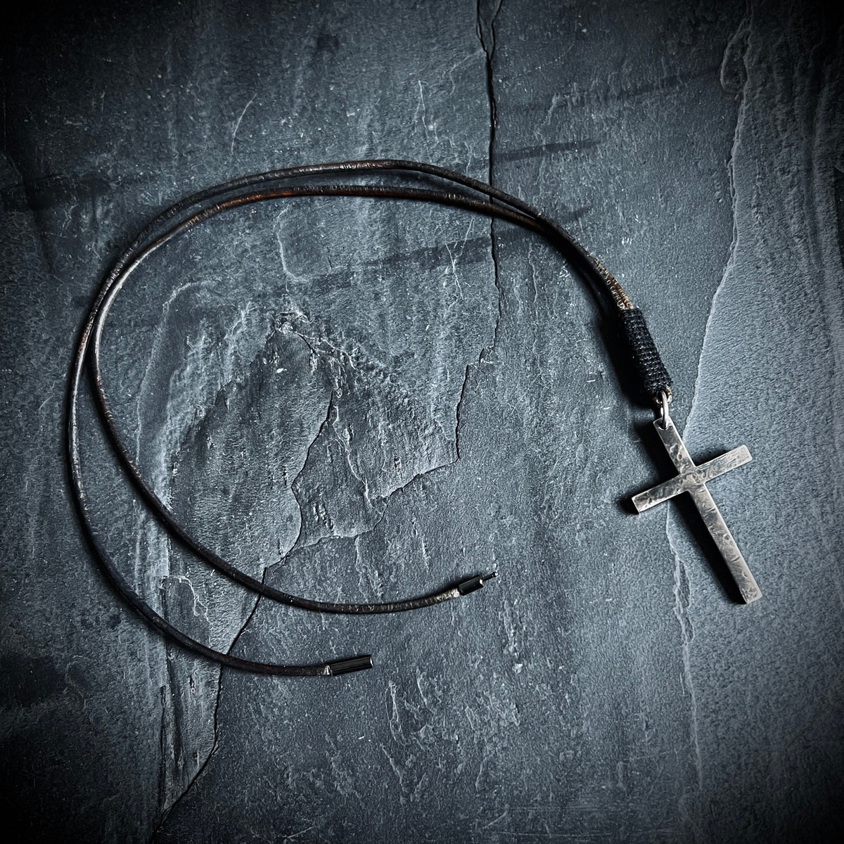 Brutalist Rustic Style 925 Sterling Silver Cross/Crucifix Pendant with Leather Cord Necklace