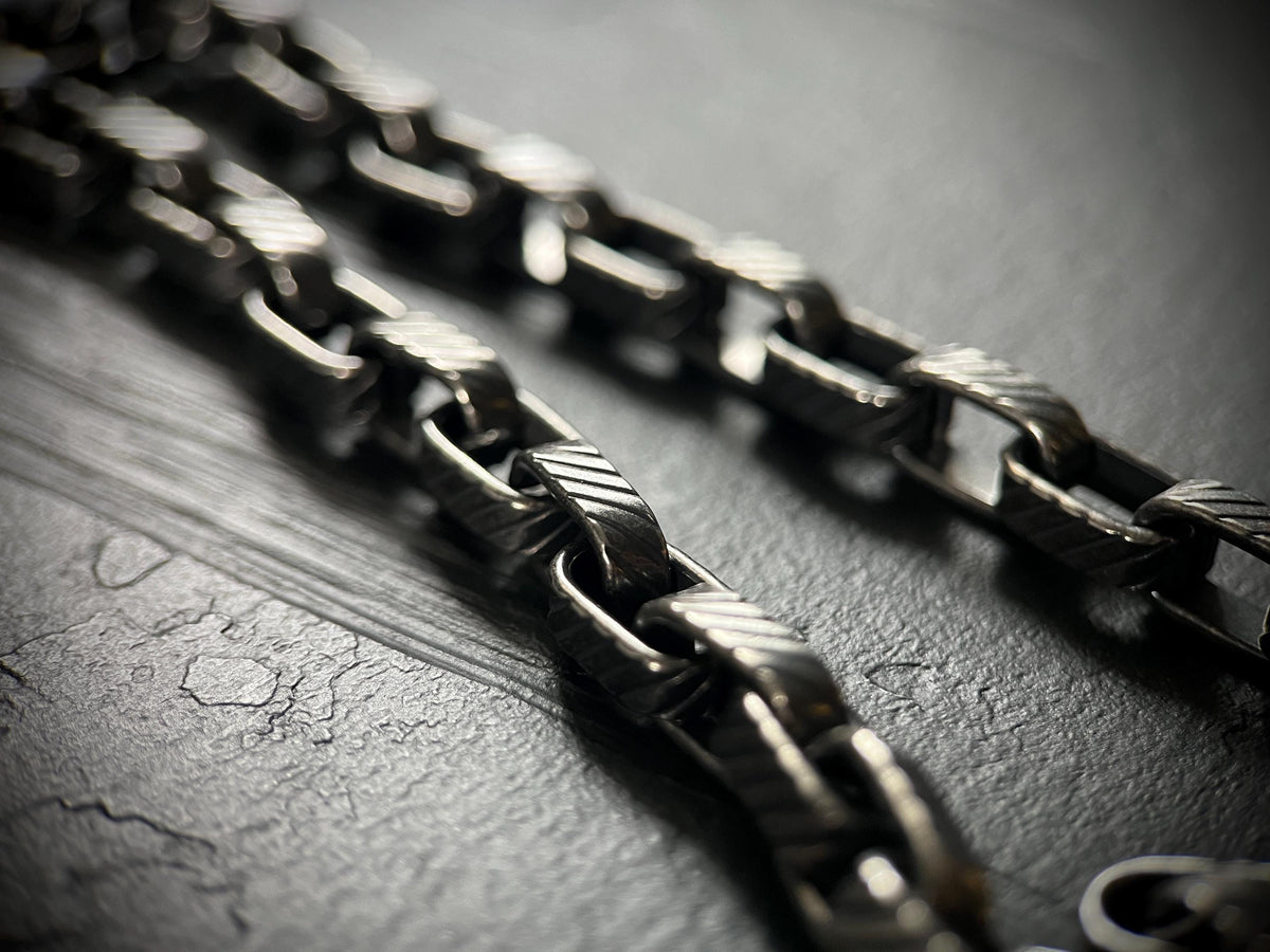 Rustic Etched Stainless Steel Matte Black & Silver Thick Chunky Heavy Box Chain Necklace