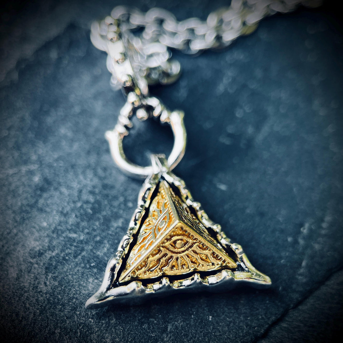 Egyptian Eye of Horus Golden Copper Pyramid and Silver Plated Pendant with Matching Necklace