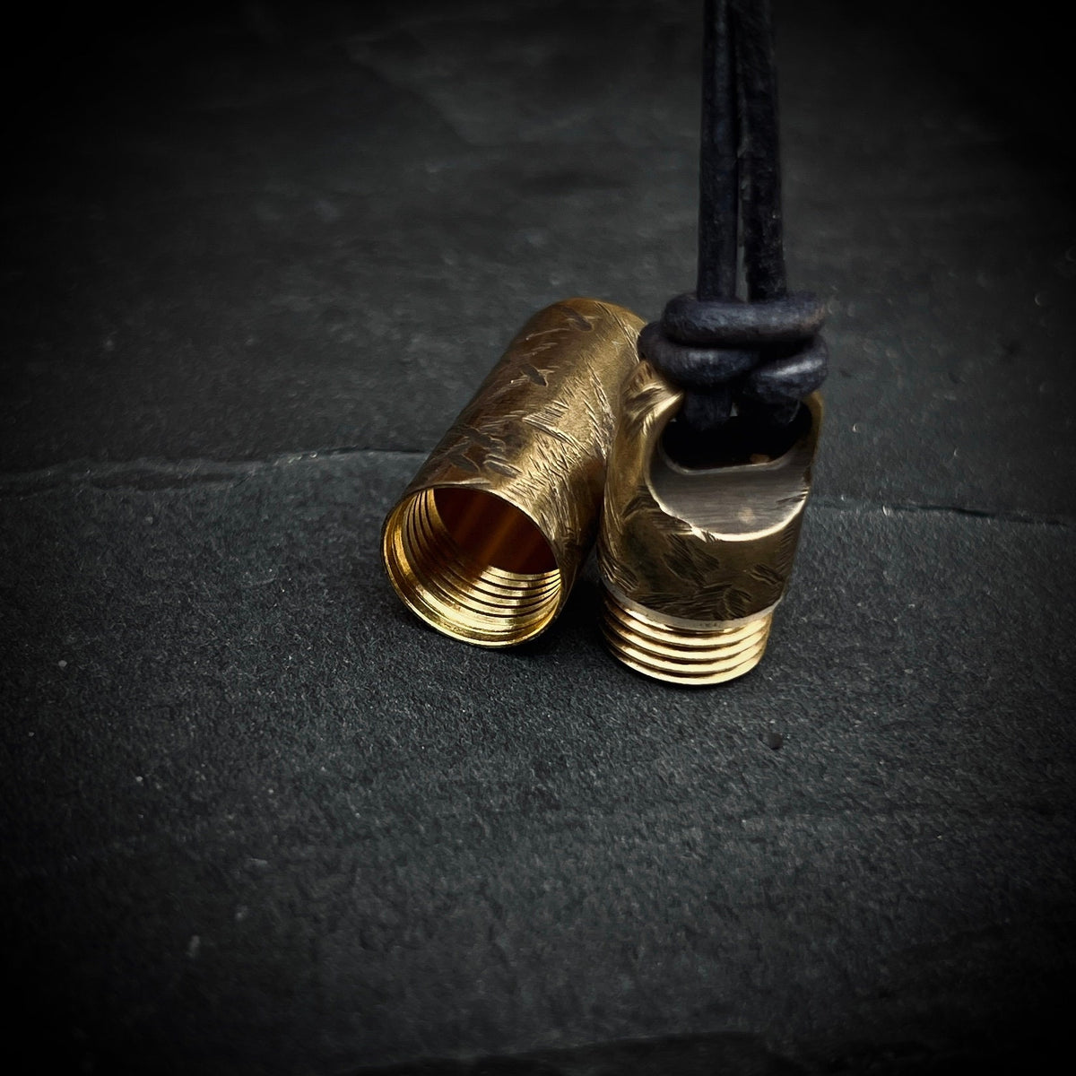 Solid Brass Small Pill Vial Cracked Effect Heavily Distressed Shotgun Shell Capsule Stash Urn Pendant with Leather Cord Necklace / EDC