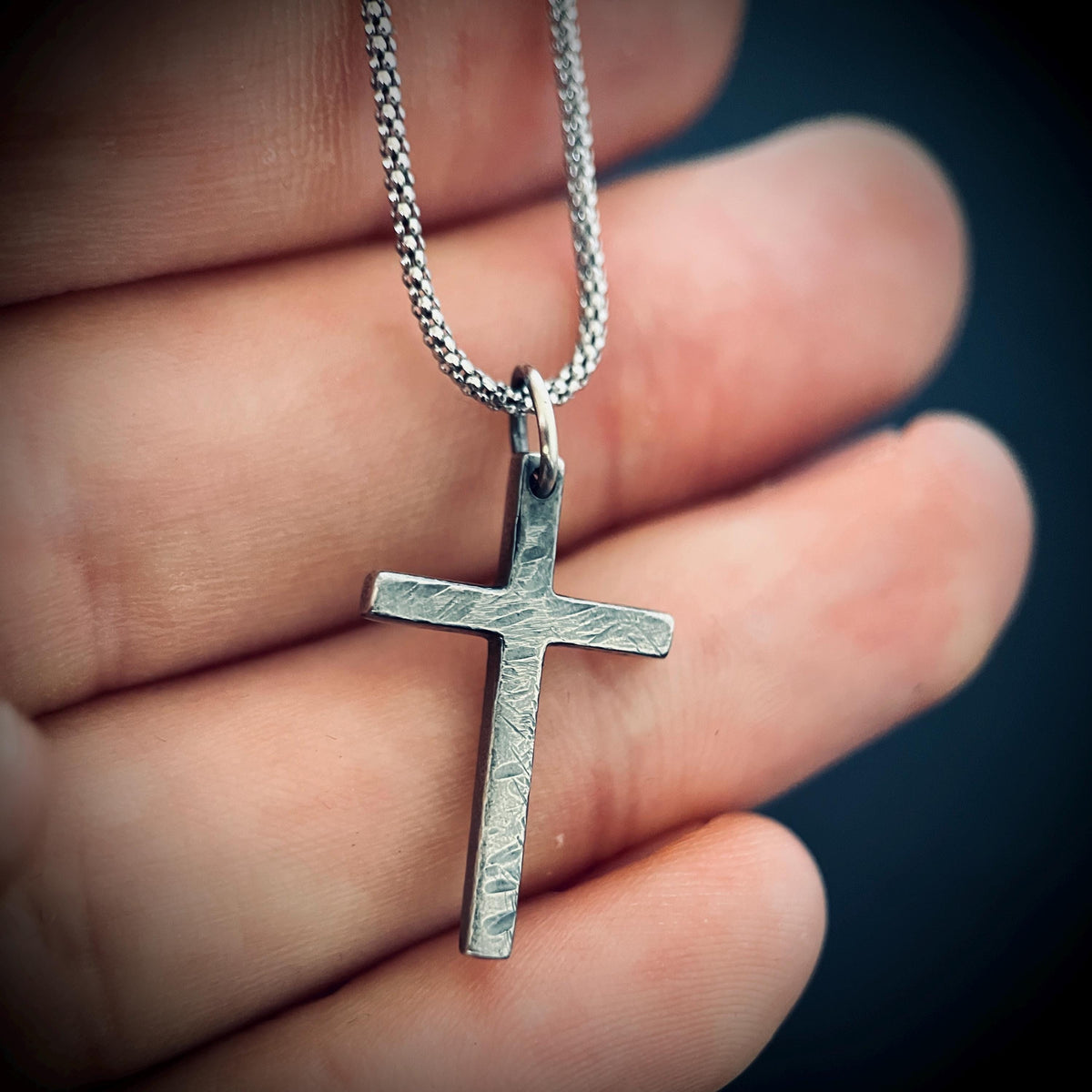 Small Rustic Dainty Minimalist Solid Sterling Silver 925 Cross Crucifix Pendant & Popcorn Chain Necklace