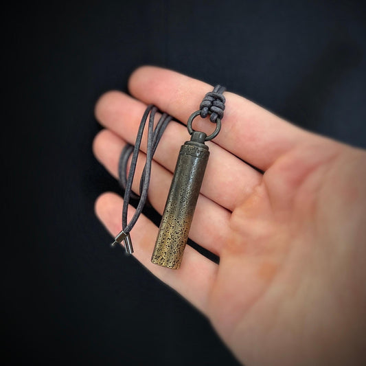 Heavily Distressed 2-Tone Contrast Patina Brass Secret Stash Vial Capsule Pendant & Leather Cord Necklace / Bullet / Rustic / Rocker / Boho