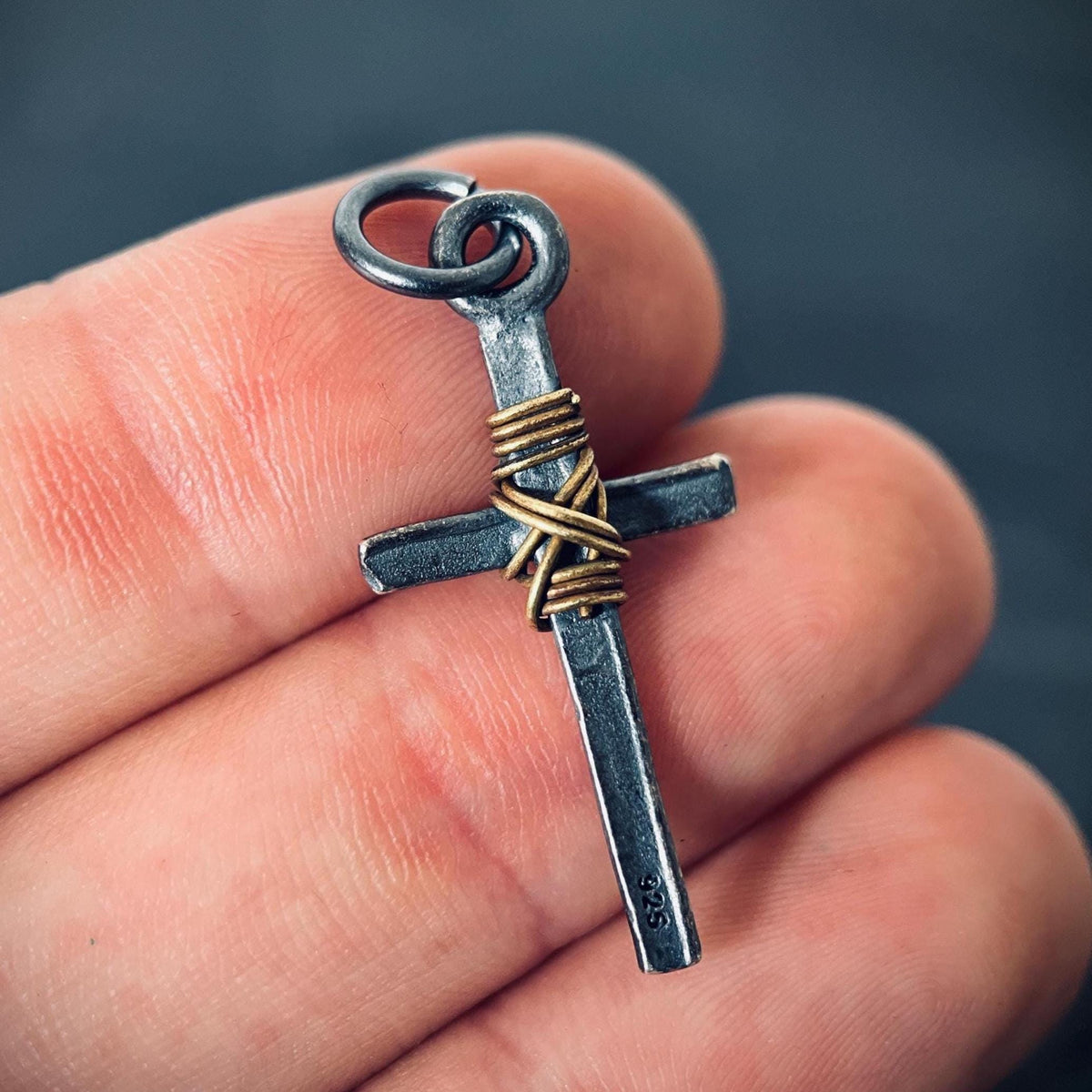 Distressed & Oxidised 925 Solid Sterling Silver Dainty Small Rustic Cross Crucifix Pendant with Brass Rope Wrapping | Minimalist | Plain