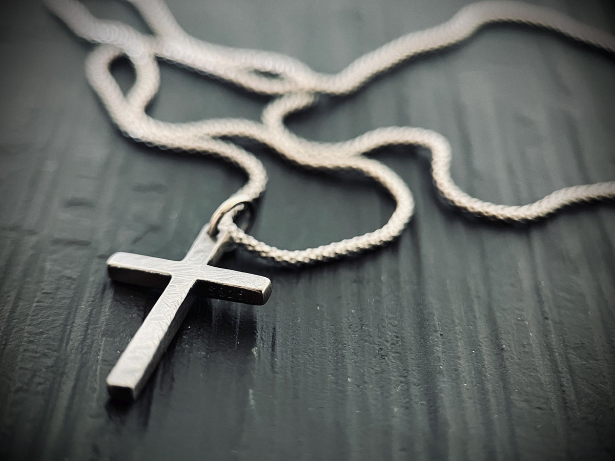 Small Rustic Dainty Minimalist Solid Sterling Silver 925 Cross Crucifix Pendant & Popcorn Chain Necklace