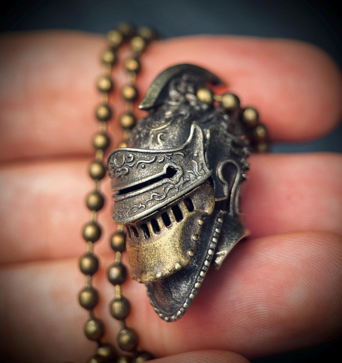 Ornate Highly Detailed Carved Distressed Aged White Brass Templar Knight Helmet Skull Pendant Necklace