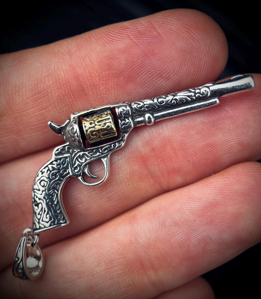 Ornate Engraved Stainless Steel Silver Outlaw Cowboy Revolver Gun Pendant with Gold Plated Cylinder