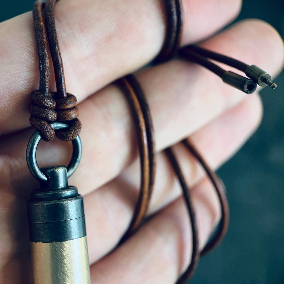 Handmade Striped 2-Tone Brass Cremation Capsule Pendant: Rustic Keepsake Stash Necklace & Brown Leather Cord