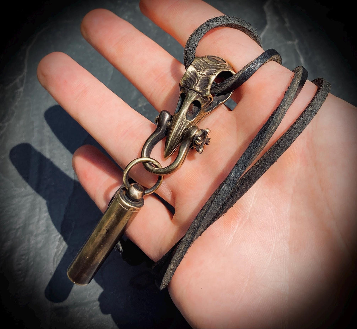 Handmade Brass Crow Skull Pendant with Whistle Attachment & Black Leather Cord Necklace