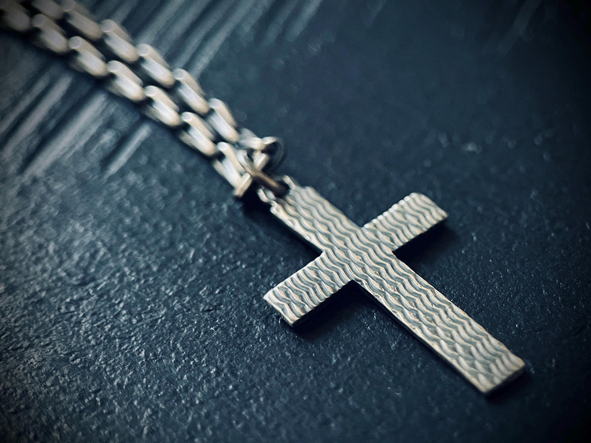 Small Rustic Minimalist Solid Sterling Silver 925 Cross Crucifix Pendant & Paperclip Cable Chain Necklace
