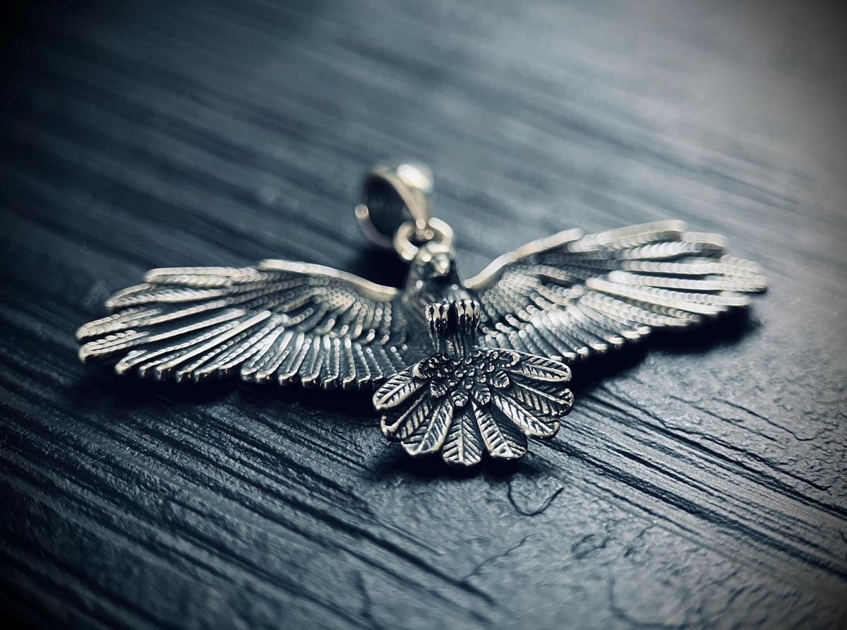 Oxidised Rustic Blackened 925 Solid Sterling Silver Winged Crow Bird Pendant
