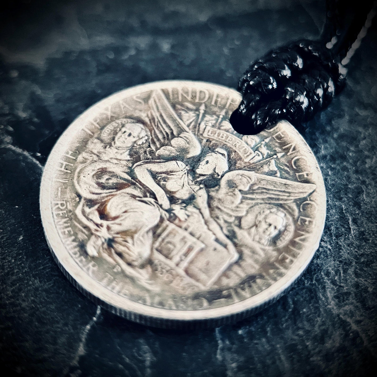 Ornate Rustic Silver Angel Medallion Pendant with Black Adjustable Cord Necklace