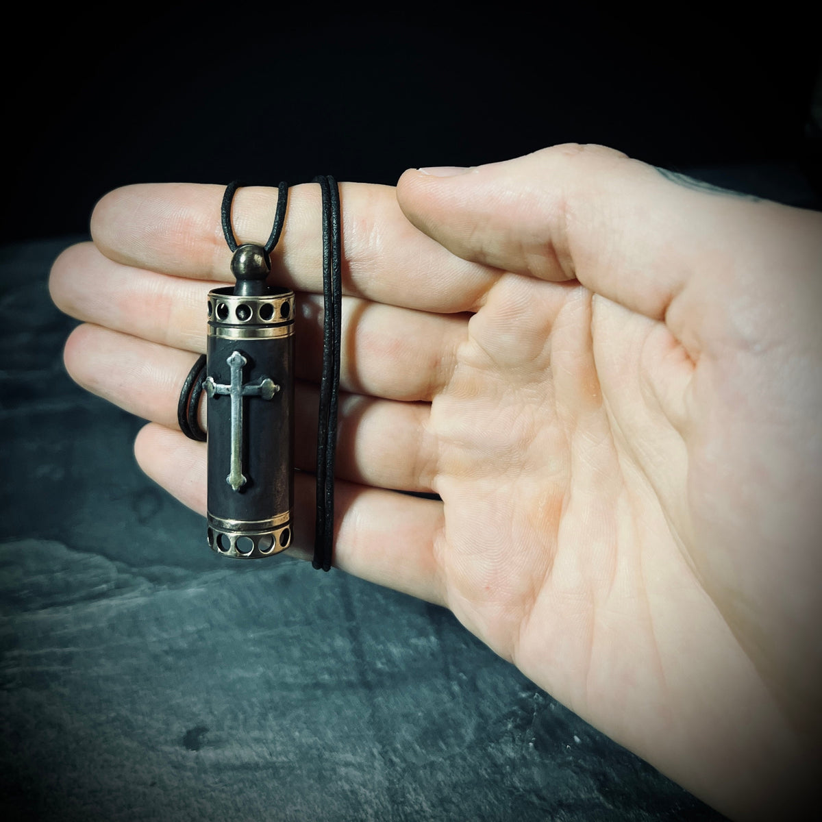High Contrast Aged Solid Brass Small Pill Vial Distressed Shotgun Shell Capsule Stash Urn Cross Pendant & Matching Leather Cord Necklace
