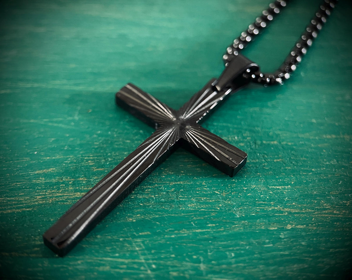 Black Stainless Steel Ornate Engraved Pattern Cross Pendant & Necklace - Boxy Style