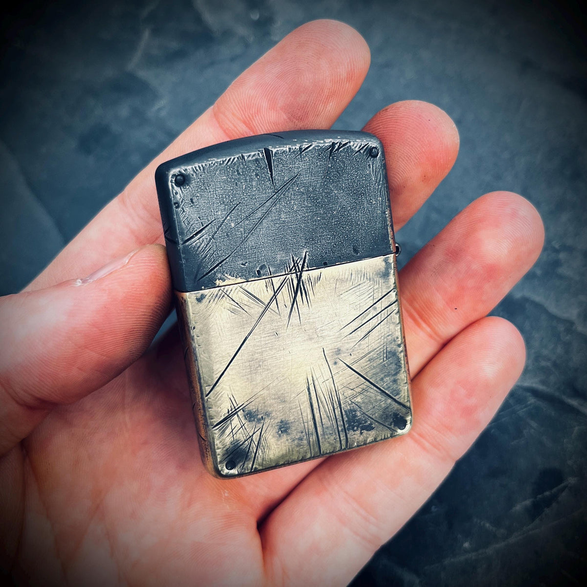 Customised Heavily Distressed Oxidised Black & Gold 2-Tone Patina Solid Brass Armor Heavy Wall Zippo Lighter / EDC / Vintage / Custom