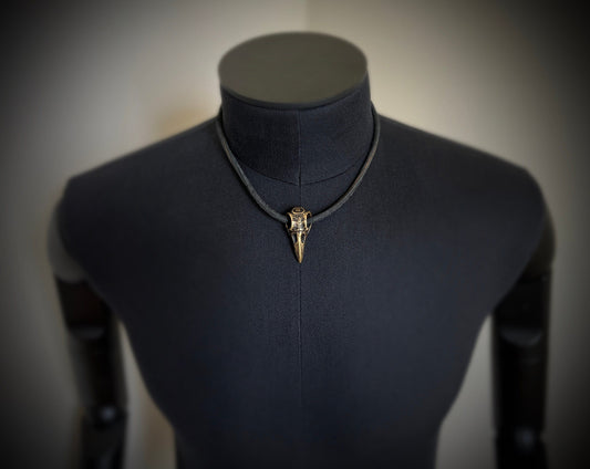 Rustic Oxidised Distressed Brass Crow Skull Pendant with Leather Cord Choker Necklace