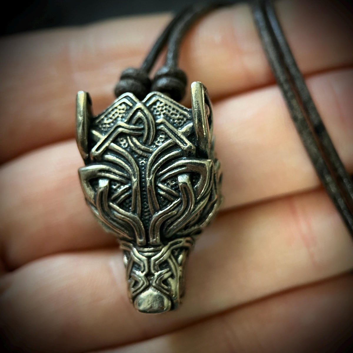 Rustic Silver Stainless Steel Celtic Wolf Pendant & Black Distressed Leather Cord Necklace