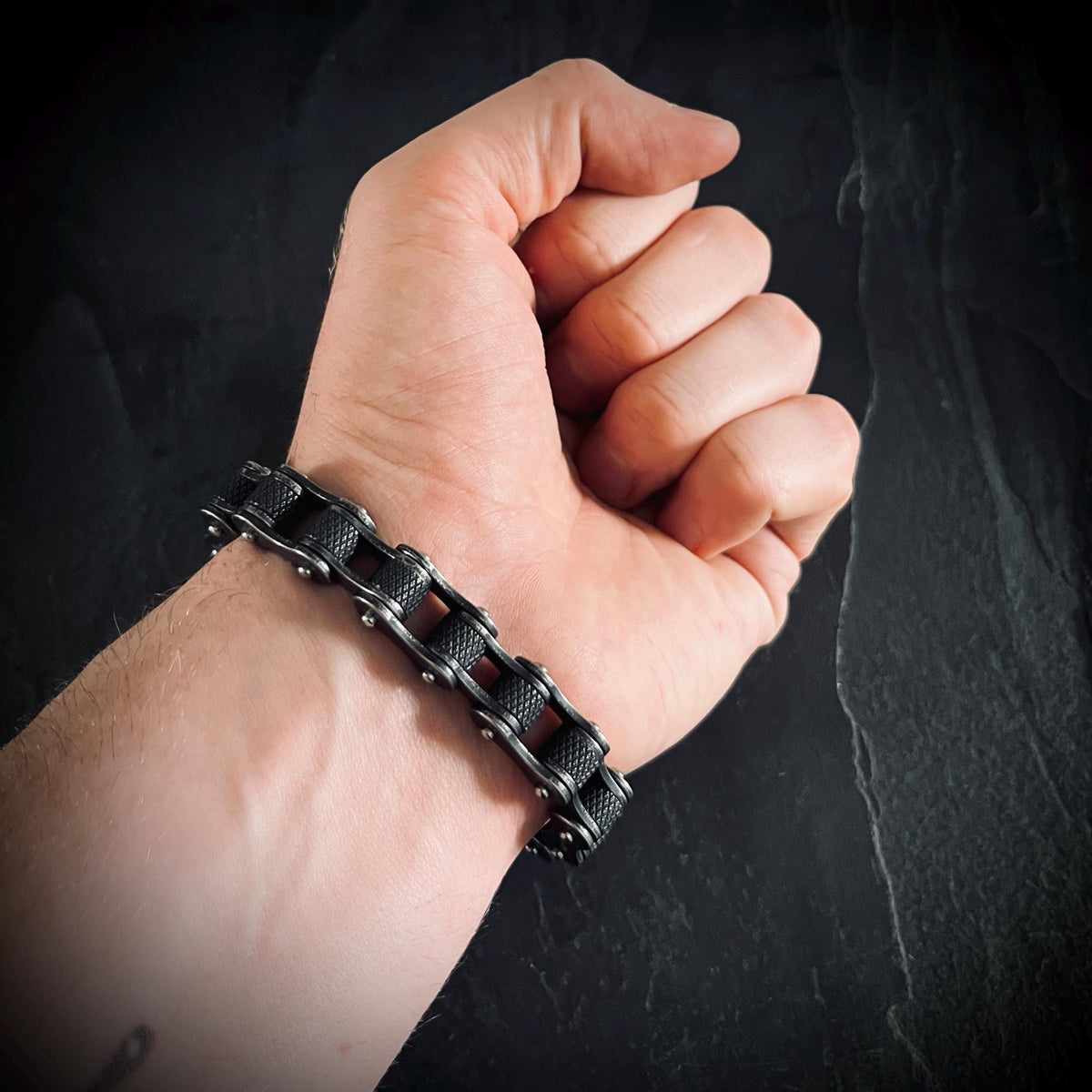 Distressed Rustic Blackened Stainless Steel 1cm Thick Chunky Classic Bike Chain Bracelet