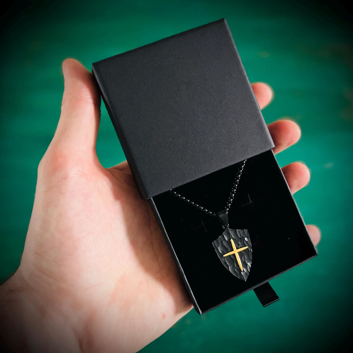 Rustic Hammered Black & Gold Stainless Steel Knight's Shield Cross Pendant - 24" Chain